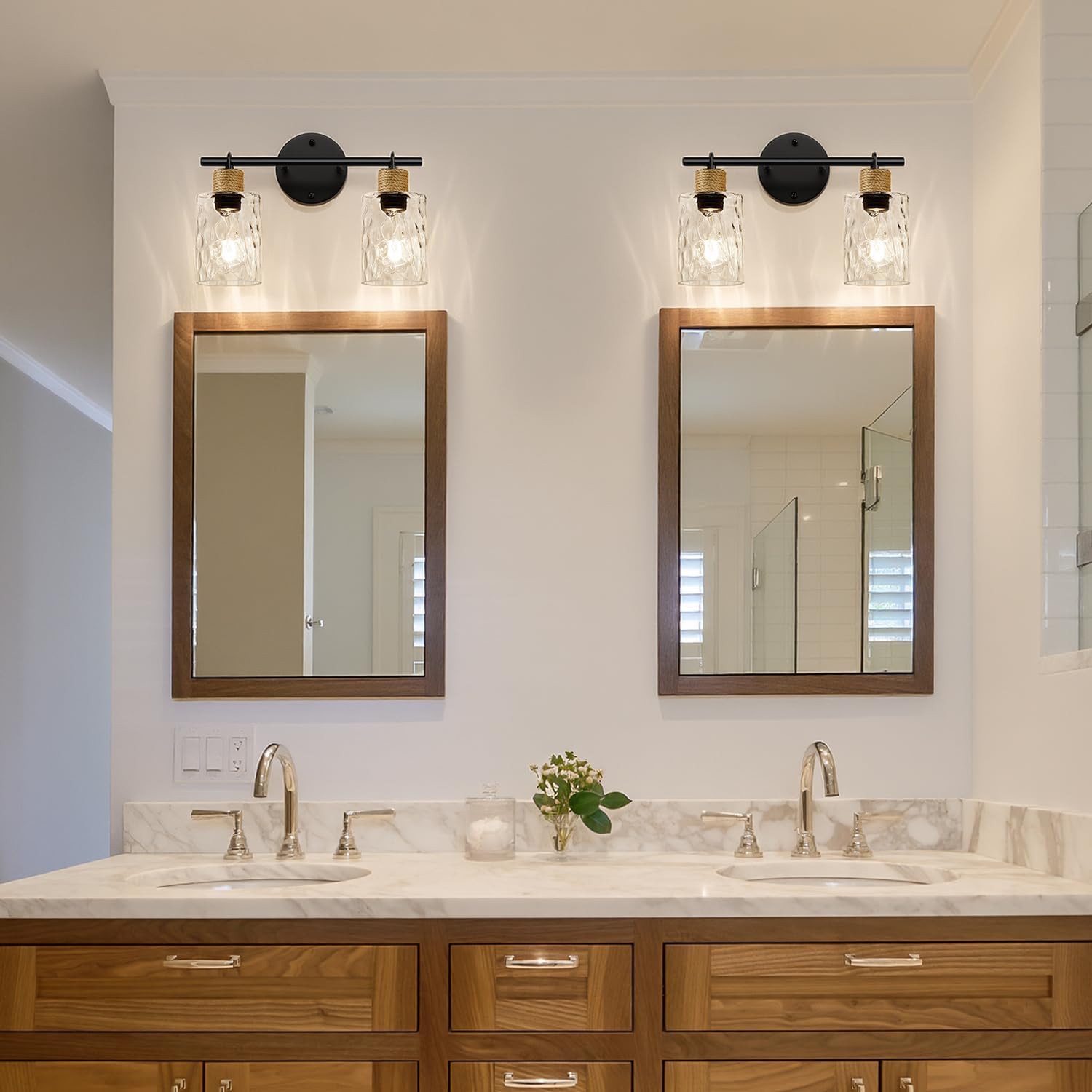 MOKATNG Bathroom Light Fixtures, 2-Light Coastal Vanity Lights with Crystal Glass Shade, Brown and Gold Bathroom Wall Lamp for Mirror Kitchen Hallway Cabinet