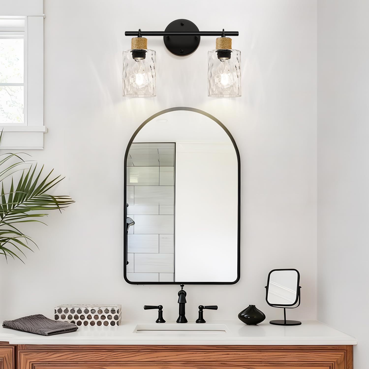 MOKATNG Bathroom Light Fixtures, 2-Light Coastal Vanity Lights with Crystal Glass Shade, Brown and Gold Bathroom Wall Lamp for Mirror Kitchen Hallway Cabinet