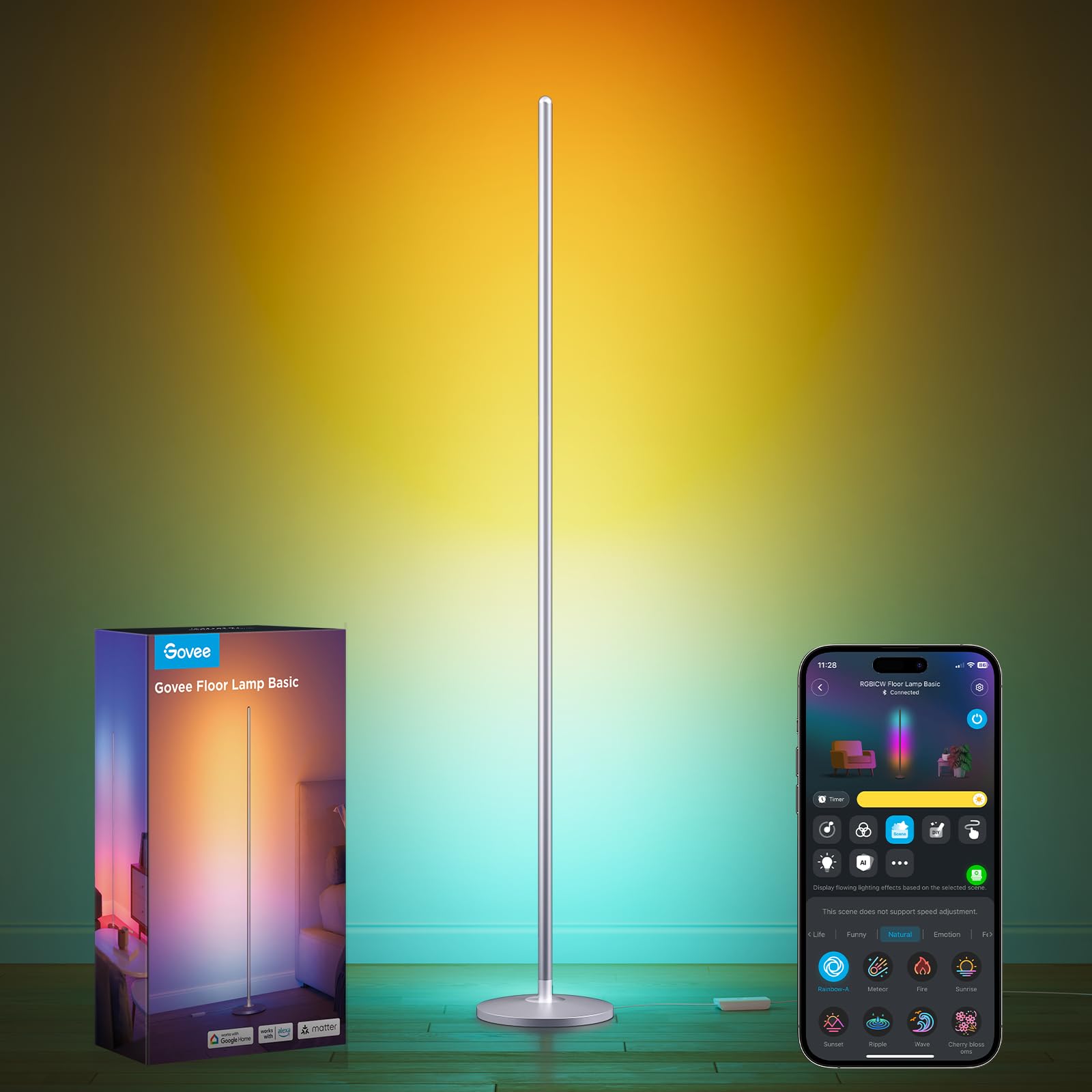 Govee RGBIC Floor Lamp Basic, 1000lm LED Corner Lamp Compatible with SmartThings, Alexa, and Matter, Modern Floor Lamp with Music Sync and 16 Million DIY Colors, Standing Lamp for Bedroom Living Room