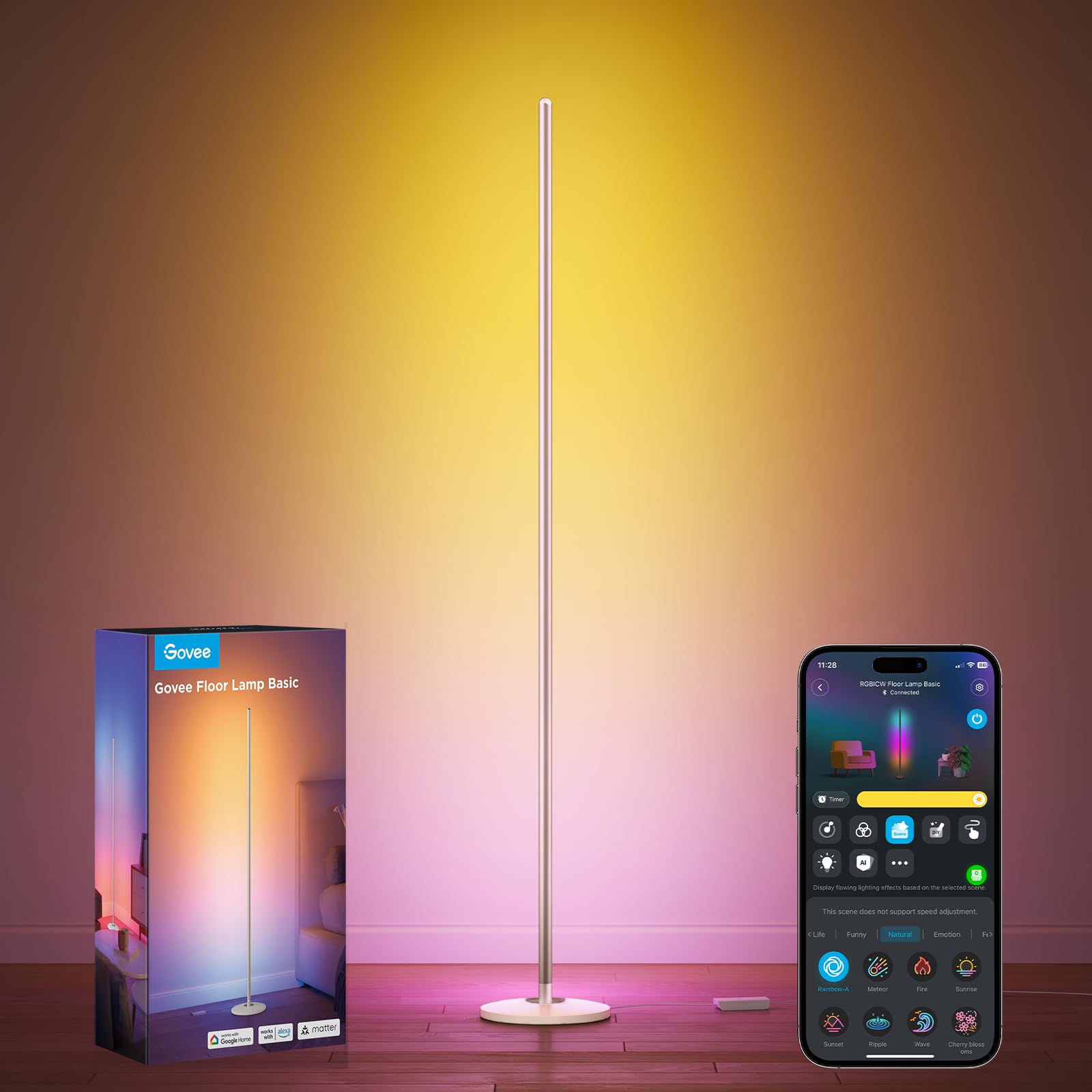 Govee RGBIC Floor Lamp Basic, 1000lm LED Corner Lamp Compatible with SmartThings, Alexa, and Matter, Modern Floor Lamp with Music Sync and 16 Million DIY Colors, Standing Lamp for Bedroom Living Room