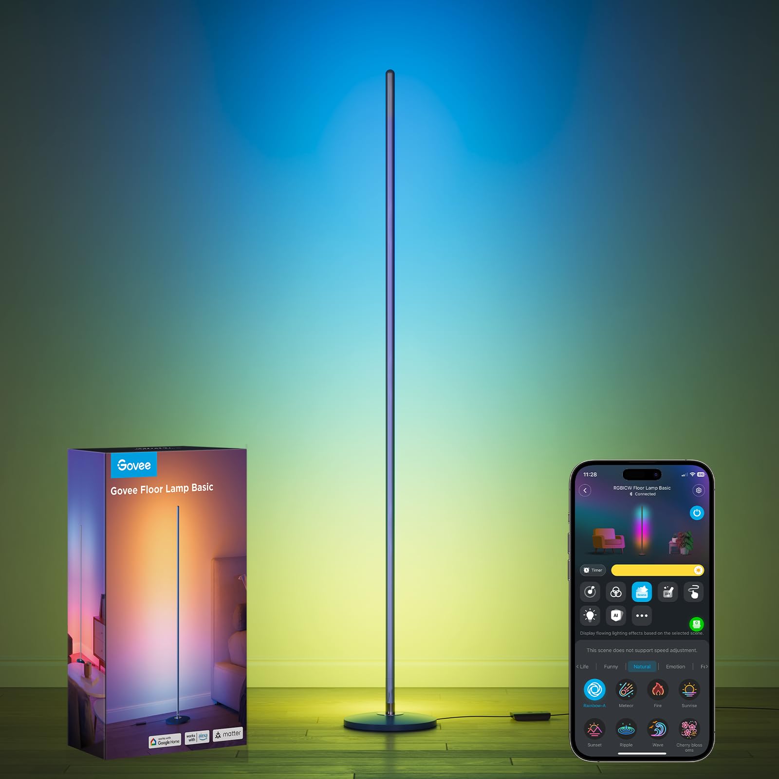 Govee RGBIC Floor Lamp Basic, 1000lm LED Corner Lamp Compatible with SmartThings, Alexa, and Matter, Modern Floor Lamp with Music Sync and 16 Million DIY Colors, Standing Lamp for Bedroom Living Room