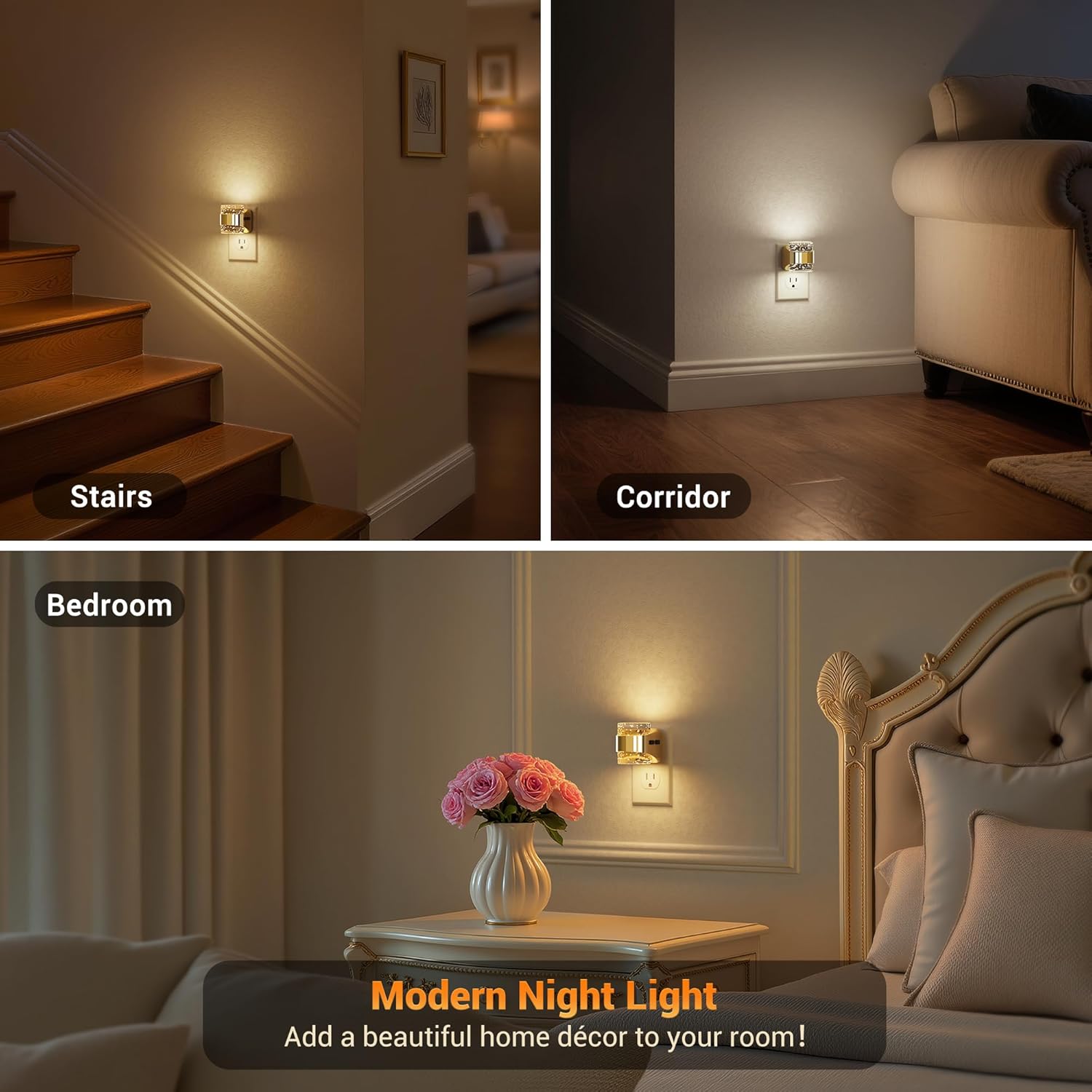JandCase LED Night Light, Golden Bubble Night Lights Plug into Wall, [2 Pack]Night Light3000K/4000K/5000K & 3 Brightness Levels, Dimmable Nightlight with Dusk to Dawn Sensor for Bathroom Hallway