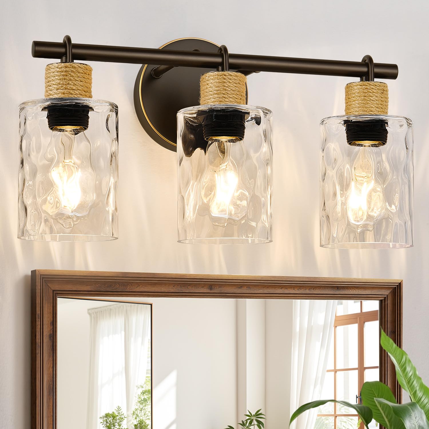 MOKATNG Bathroom Light Fixtures, 2-Light Coastal Vanity Lights with Crystal Glass Shade, Brown and Gold Bathroom Wall Lamp for Mirror Kitchen Hallway Cabinet