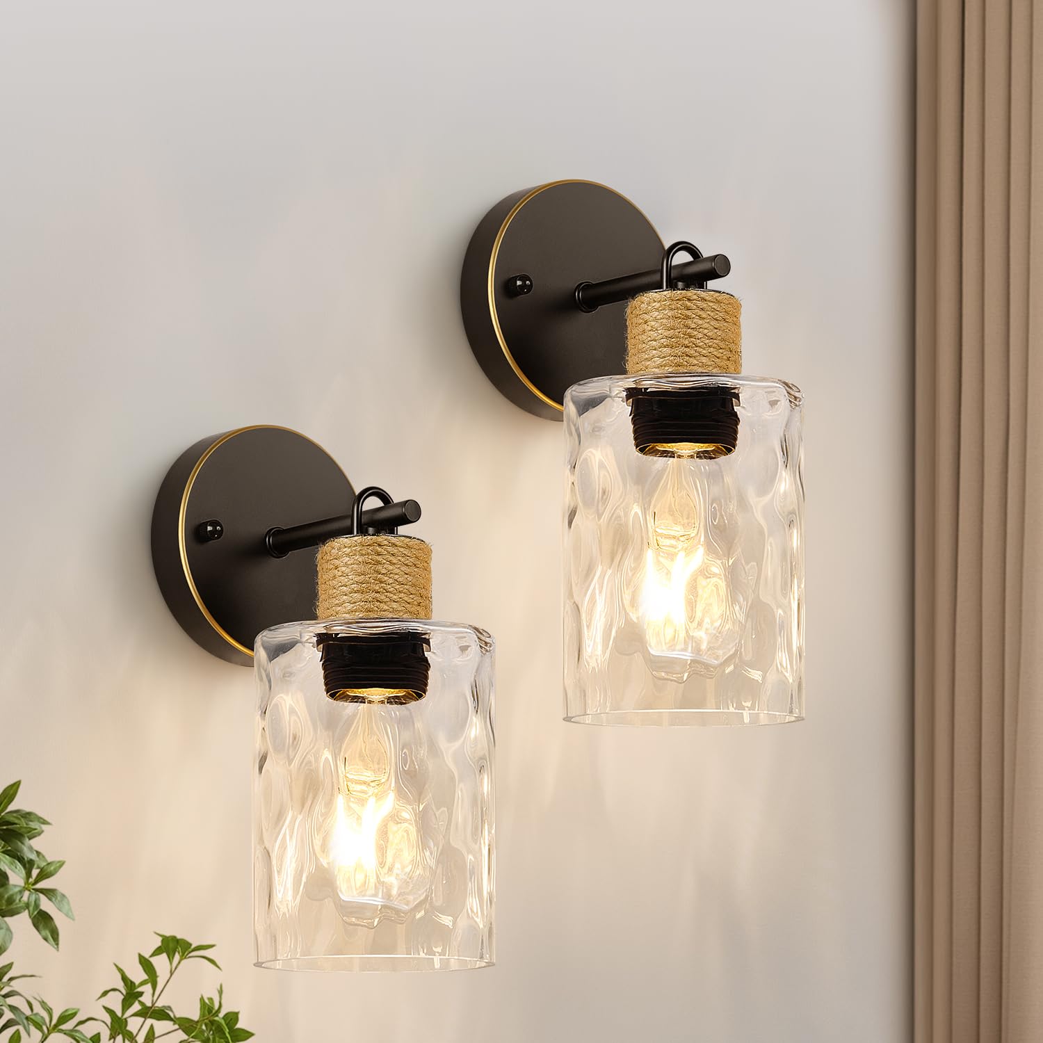 MOKATNG Bathroom Light Fixtures, 2-Light Coastal Vanity Lights with Crystal Glass Shade, Brown and Gold Bathroom Wall Lamp for Mirror Kitchen Hallway Cabinet
