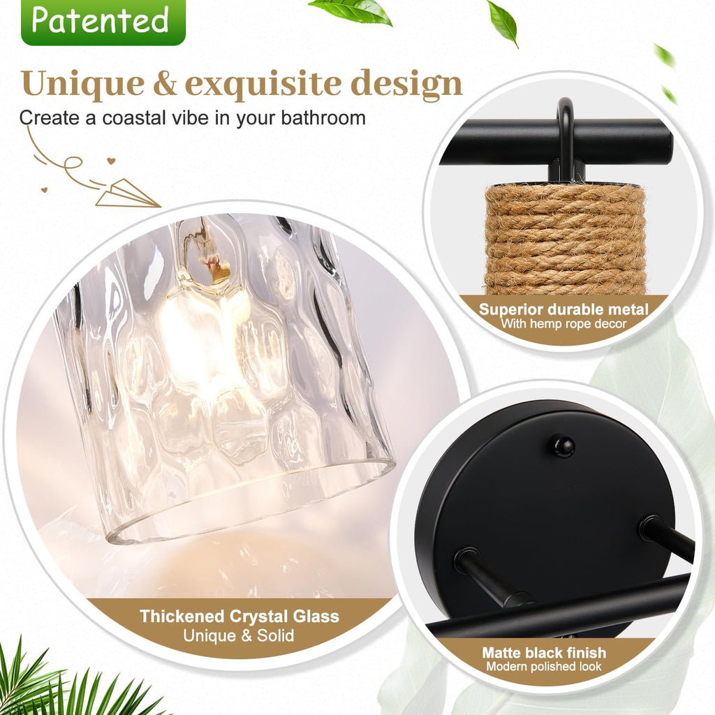 MOKATNG Bathroom Light Fixtures, 2-Light Coastal Vanity Lights with Crystal Glass Shade, Brown and Gold Bathroom Wall Lamp for Mirror Kitchen Hallway Cabinet