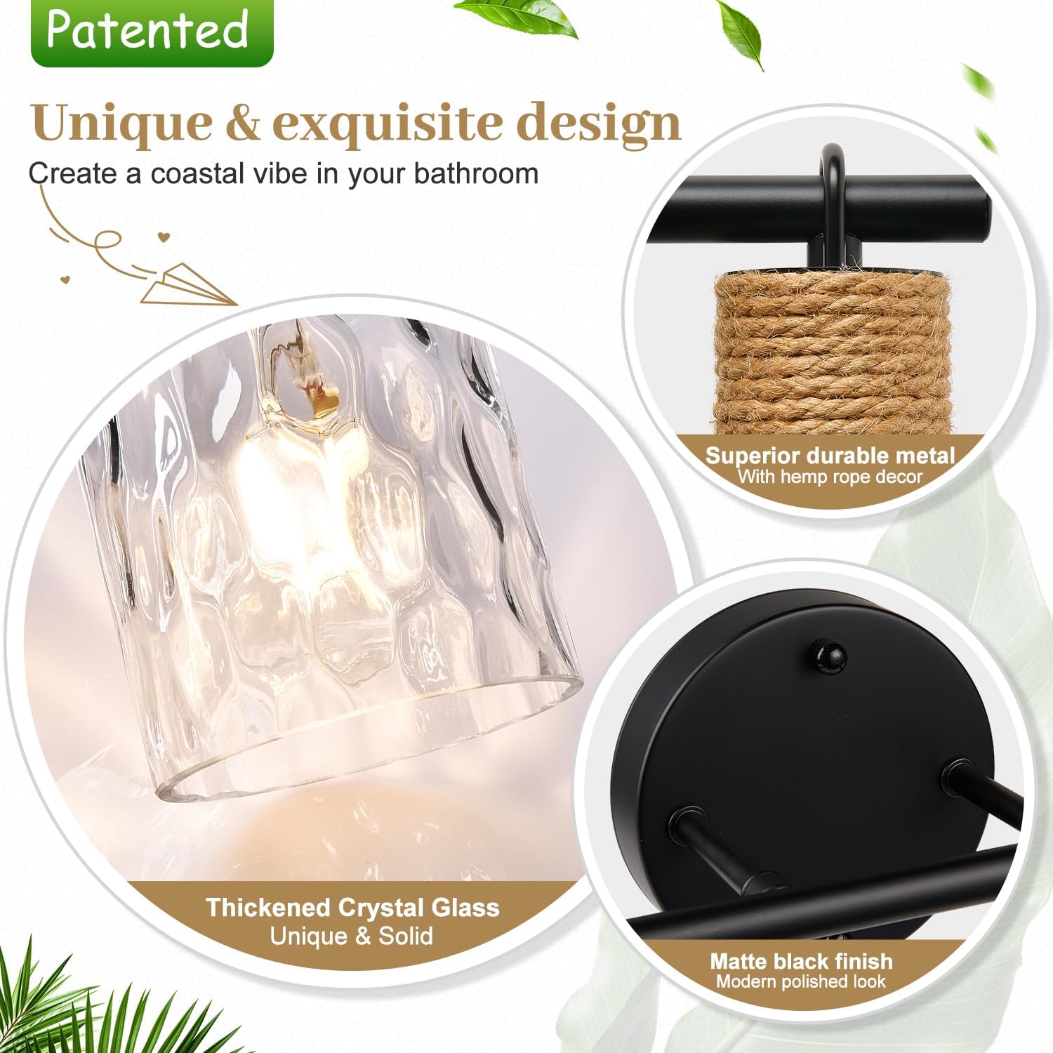 MOKATNG Bathroom Light Fixtures, 2-Light Coastal Vanity Lights with Crystal Glass Shade, Brown and Gold Bathroom Wall Lamp for Mirror Kitchen Hallway Cabinet