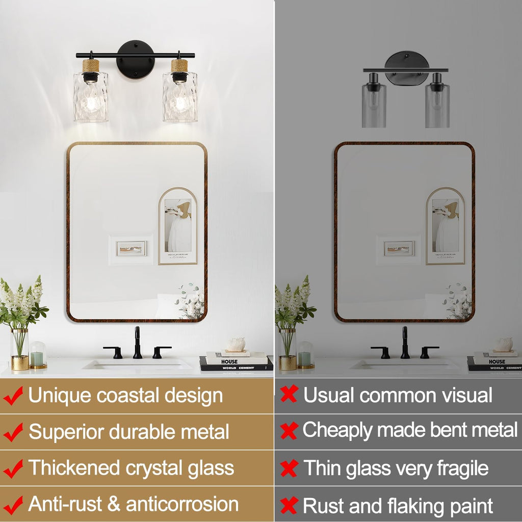 MOKATNG Bathroom Light Fixtures, 2-Light Coastal Vanity Lights with Crystal Glass Shade, Brown and Gold Bathroom Wall Lamp for Mirror Kitchen Hallway Cabinet