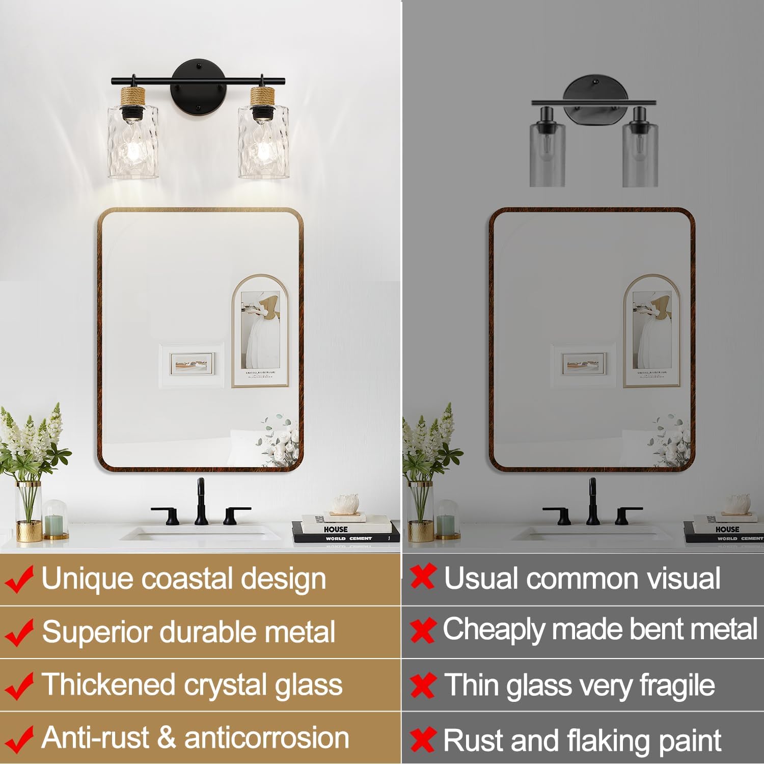 MOKATNG Bathroom Light Fixtures, 2-Light Coastal Vanity Lights with Crystal Glass Shade, Brown and Gold Bathroom Wall Lamp for Mirror Kitchen Hallway Cabinet