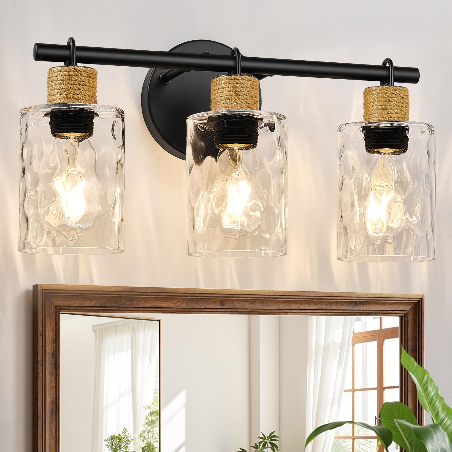 MOKATNG Bathroom Light Fixtures, 2-Light Coastal Vanity Lights with Crystal Glass Shade, Brown and Gold Bathroom Wall Lamp for Mirror Kitchen Hallway Cabinet
