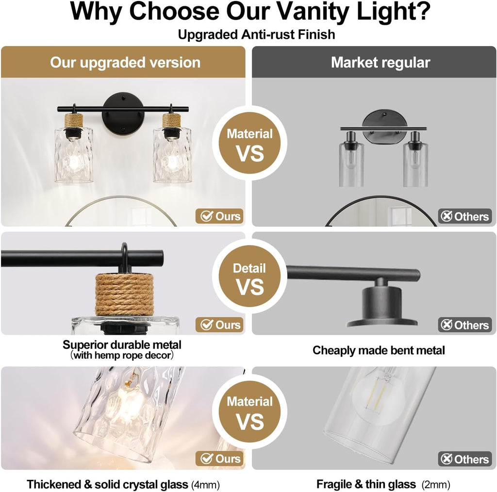 MOKATNG Bathroom Light Fixtures, 2-Light Coastal Vanity Lights with Crystal Glass Shade, Brown and Gold Bathroom Wall Lamp for Mirror Kitchen Hallway Cabinet