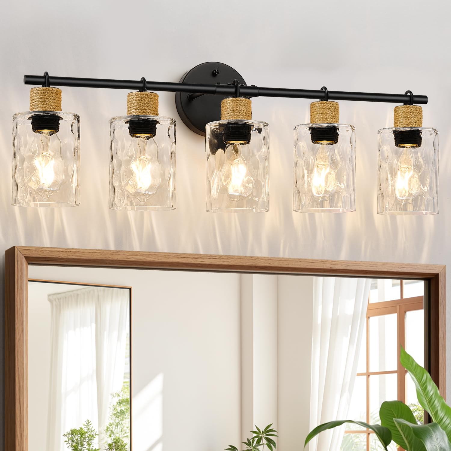 MOKATNG Bathroom Light Fixtures, 2-Light Coastal Vanity Lights with Crystal Glass Shade, Brown and Gold Bathroom Wall Lamp for Mirror Kitchen Hallway Cabinet