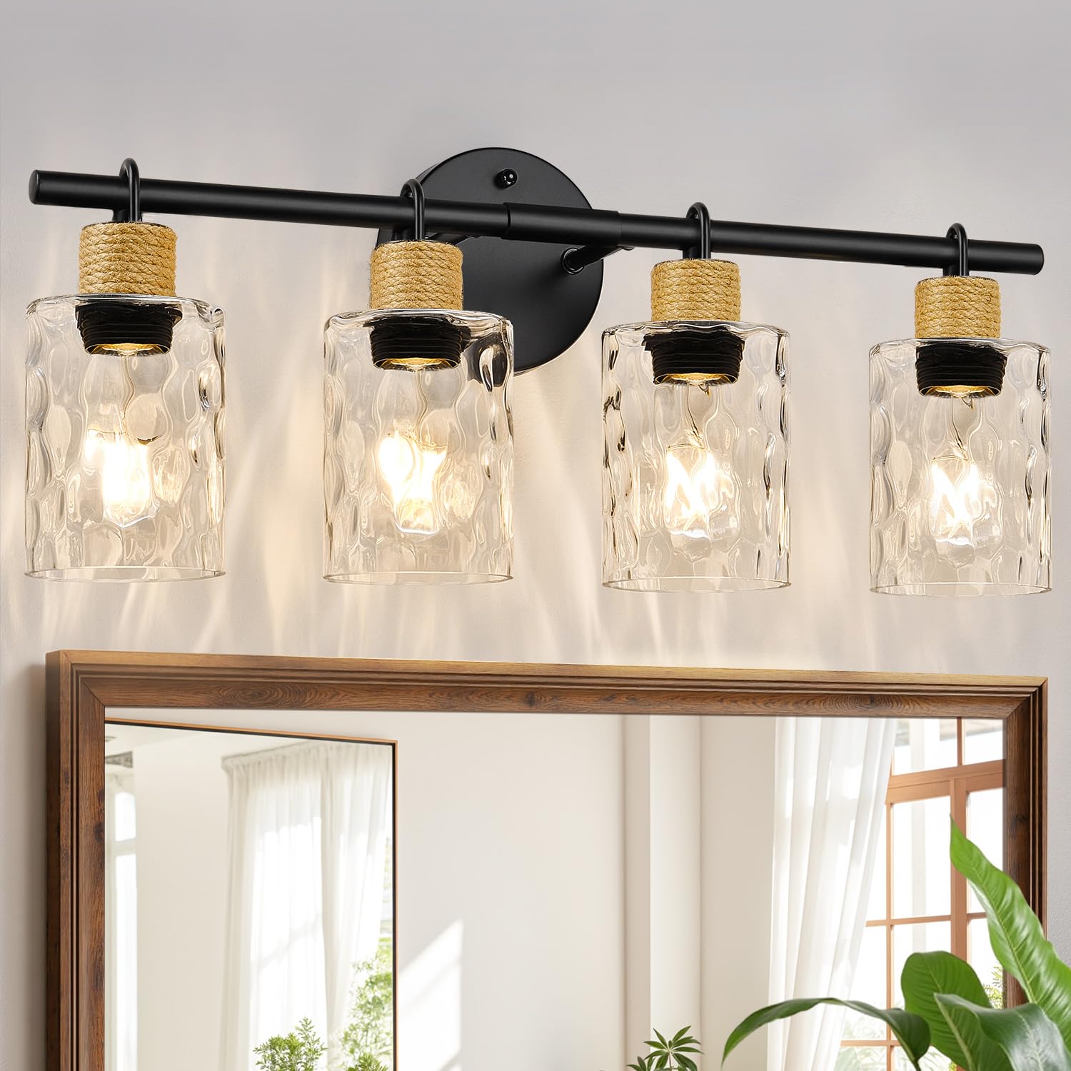 MOKATNG Bathroom Light Fixtures, 2-Light Coastal Vanity Lights with Crystal Glass Shade, Brown and Gold Bathroom Wall Lamp for Mirror Kitchen Hallway Cabinet
