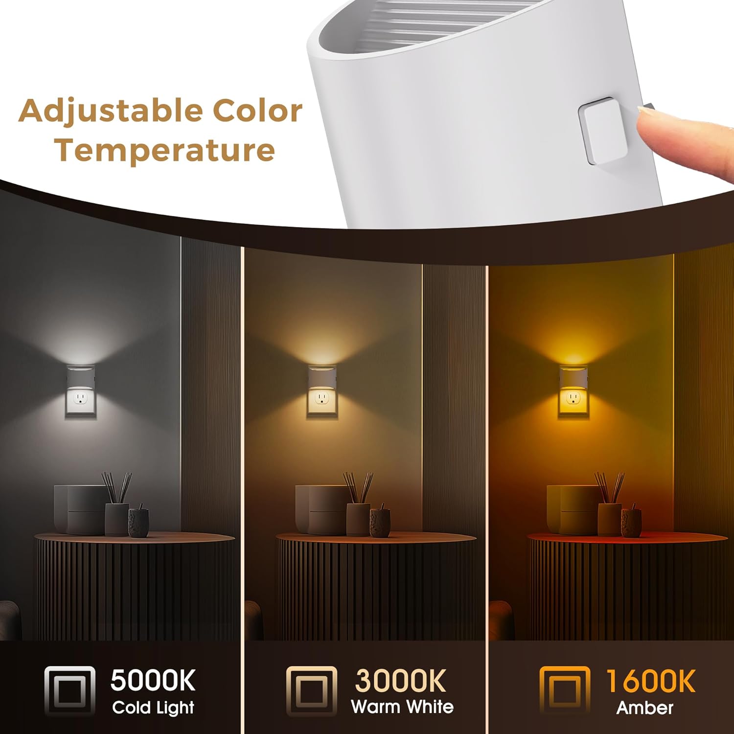 L LOHAS LED Night Lights Plug into Wall with 3CCT Adjustable (1600K/3000K/5000K), 1W Nightlight Plug in wall, Built in Dusk to Dawn Sensor, 2 Pack, White Housing