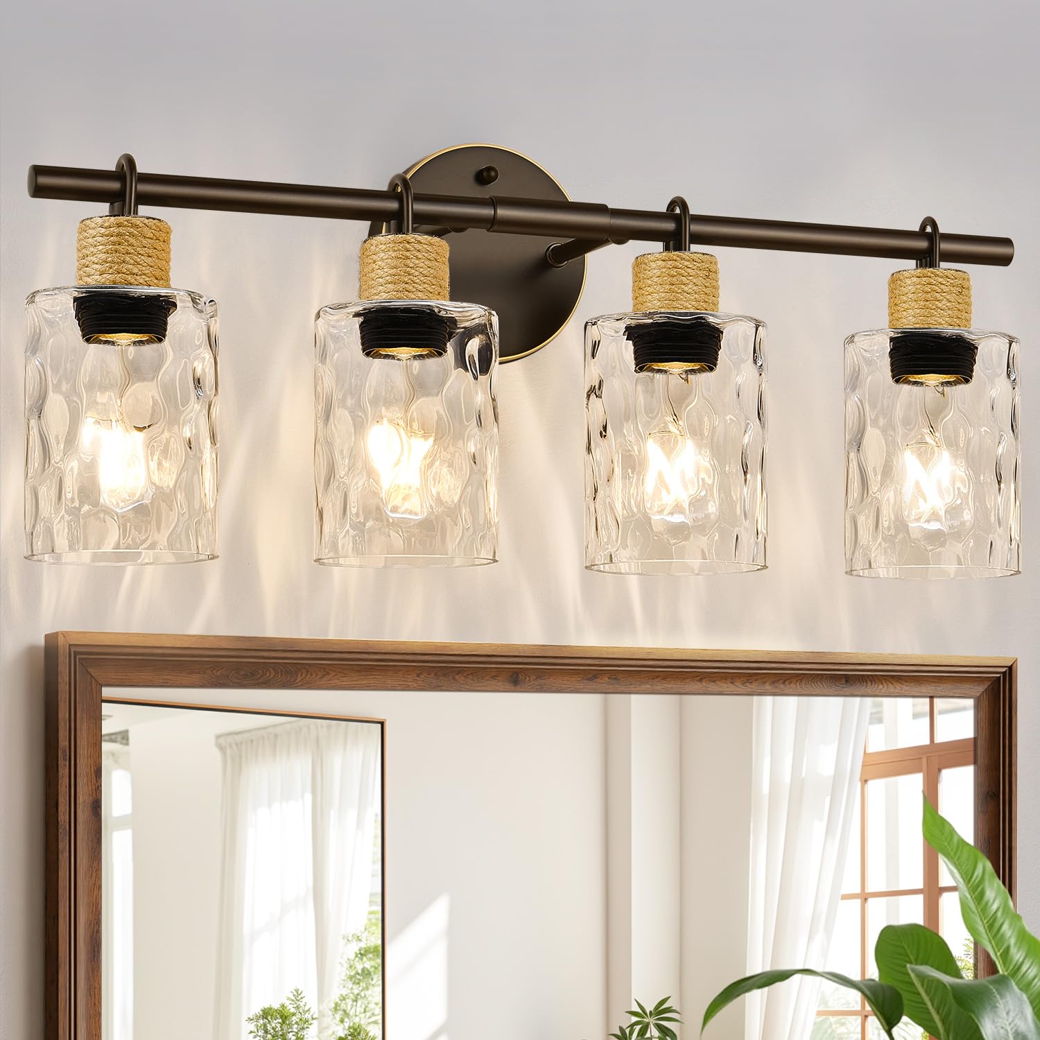 MOKATNG Bathroom Light Fixtures, 2-Light Coastal Vanity Lights with Crystal Glass Shade, Brown and Gold Bathroom Wall Lamp for Mirror Kitchen Hallway Cabinet