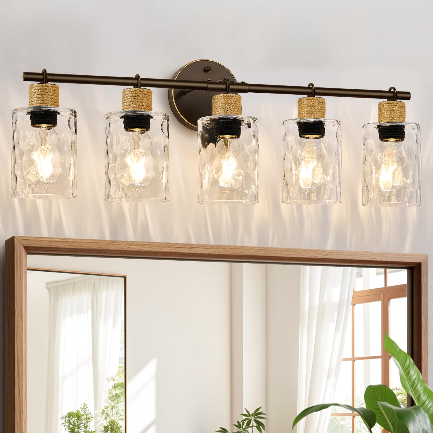 MOKATNG Bathroom Light Fixtures, 2-Light Coastal Vanity Lights with Crystal Glass Shade, Brown and Gold Bathroom Wall Lamp for Mirror Kitchen Hallway Cabinet