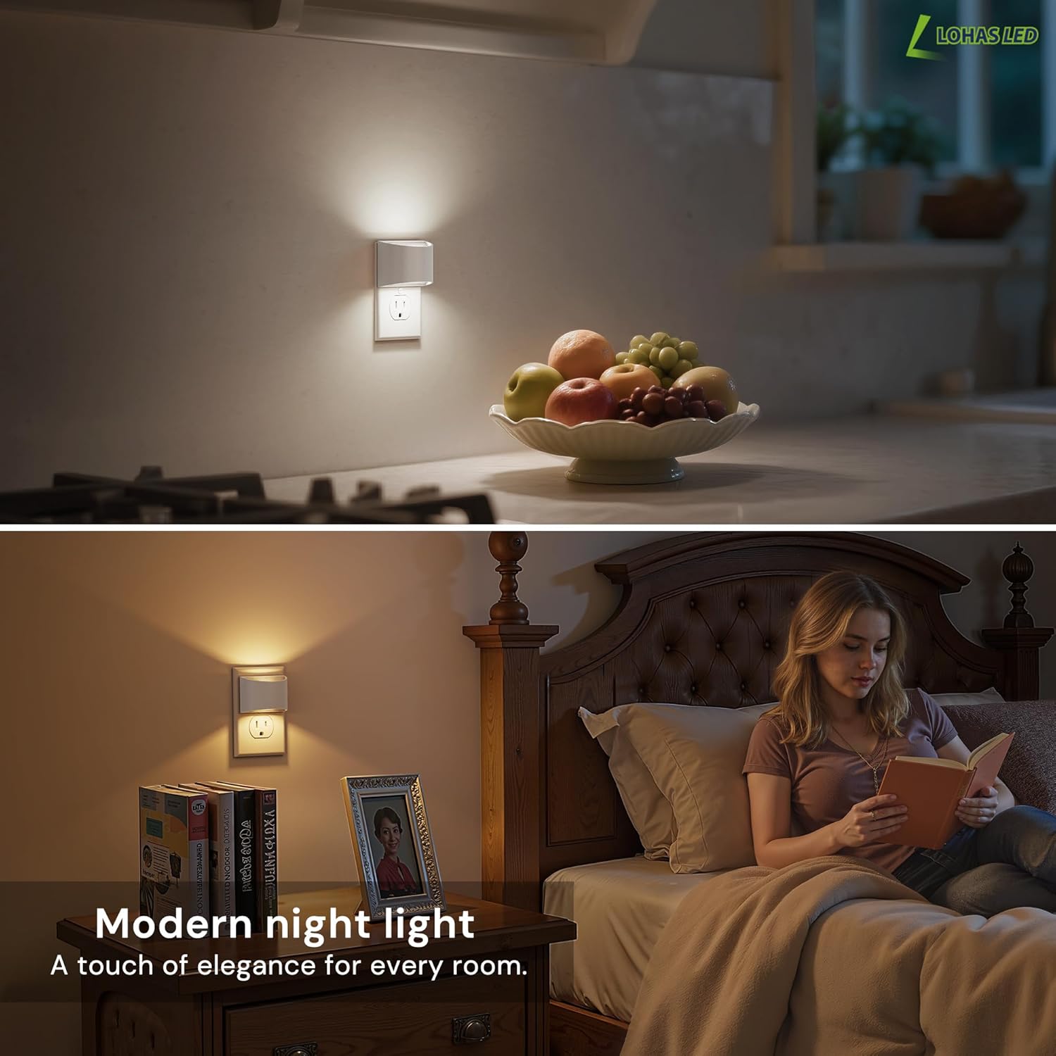 L LOHAS LED Night Lights Plug into Wall with 3CCT Adjustable (1600K/3000K/5000K), 1W Nightlight Plug in wall, Built in Dusk to Dawn Sensor, 2 Pack, White Housing