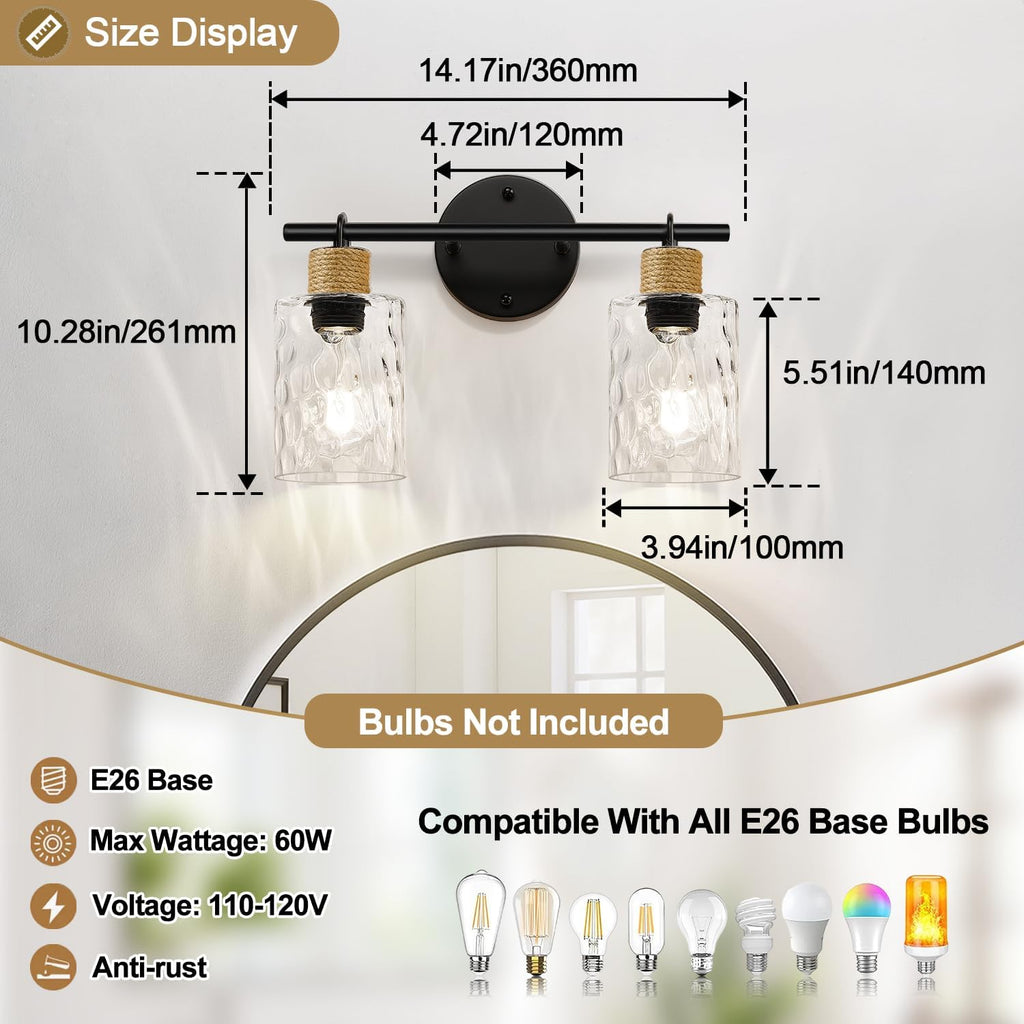 MOKATNG Bathroom Light Fixtures, 2-Light Coastal Vanity Lights with Crystal Glass Shade, Brown and Gold Bathroom Wall Lamp for Mirror Kitchen Hallway Cabinet