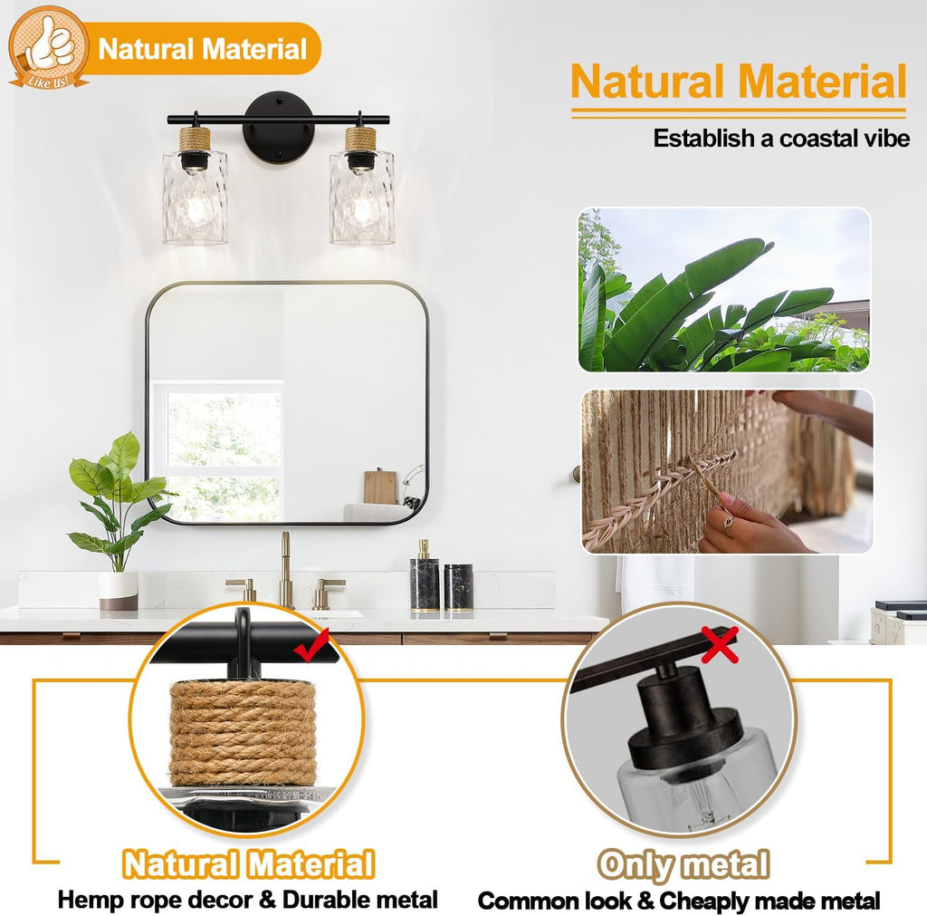 MOKATNG Bathroom Light Fixtures, 2-Light Coastal Vanity Lights with Crystal Glass Shade, Brown and Gold Bathroom Wall Lamp for Mirror Kitchen Hallway Cabinet