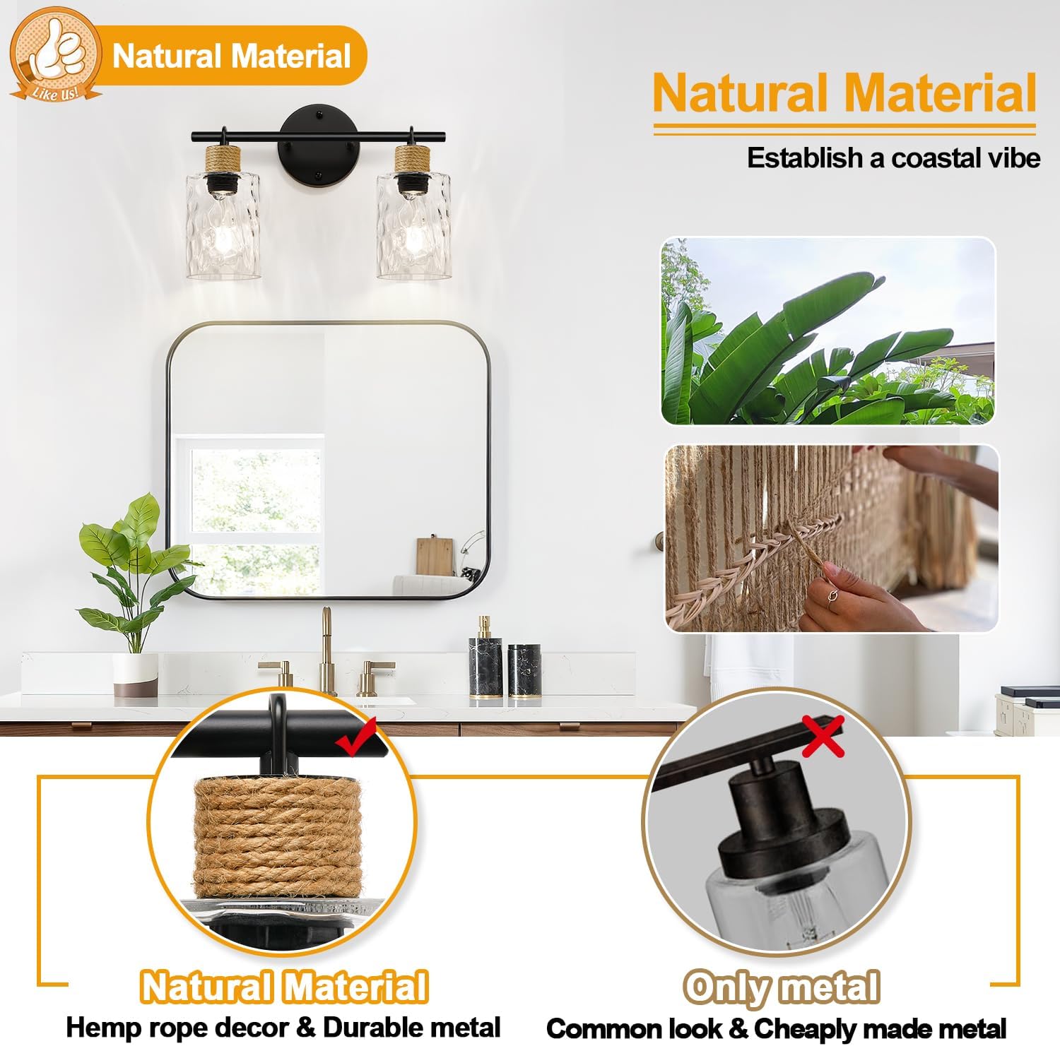 MOKATNG Bathroom Light Fixtures, 2-Light Coastal Vanity Lights with Crystal Glass Shade, Brown and Gold Bathroom Wall Lamp for Mirror Kitchen Hallway Cabinet