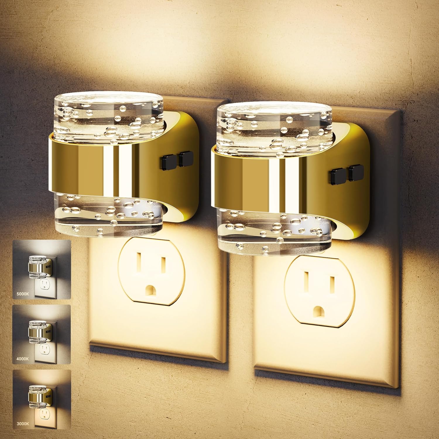 JandCase LED Night Light, Golden Bubble Night Lights Plug into Wall, [2 Pack]Night Light3000K/4000K/5000K & 3 Brightness Levels, Dimmable Nightlight with Dusk to Dawn Sensor for Bathroom Hallway