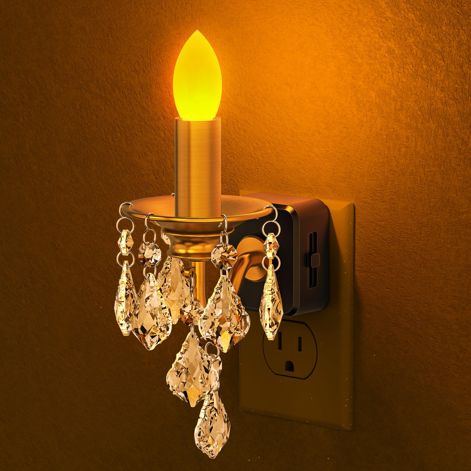 Candle Night Lights Plug into Wall, LED Amber Night Light with Dusk to Dawn Sensor, 0-100LM Dimmable, Decorative Gold Candle-Style Nightlight for Bedroom, Bathroom, Hallway, Stairway, 2 Pack