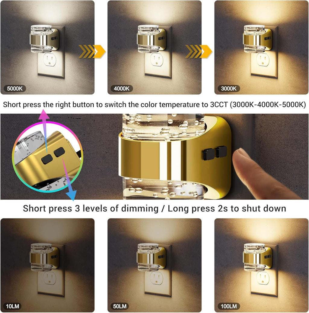 JandCase LED Night Light, Golden Bubble Night Lights Plug into Wall, [2 Pack]Night Light3000K/4000K/5000K & 3 Brightness Levels, Dimmable Nightlight with Dusk to Dawn Sensor for Bathroom Hallway