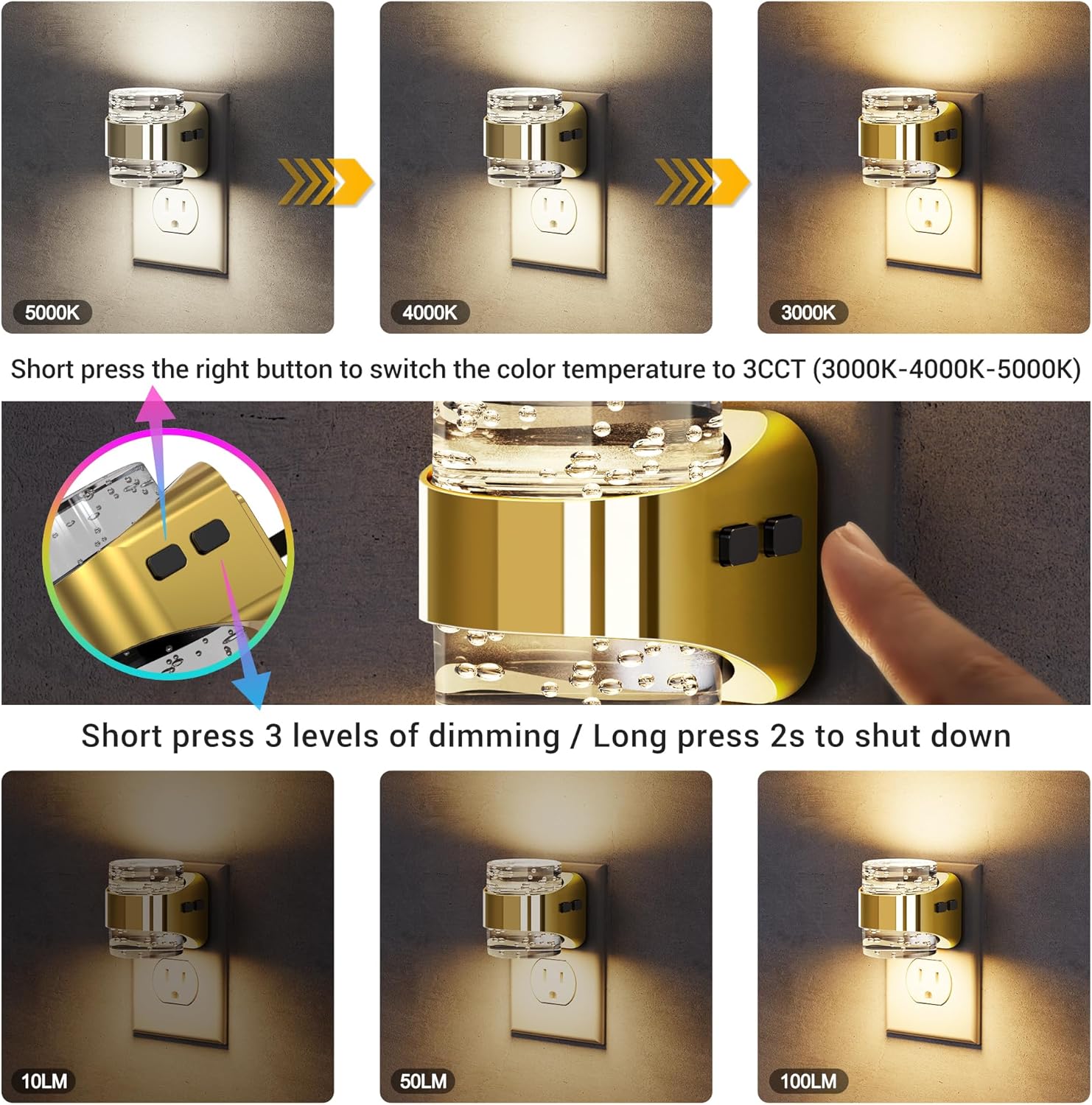 JandCase LED Night Light, Golden Bubble Night Lights Plug into Wall, [2 Pack]Night Light3000K/4000K/5000K & 3 Brightness Levels, Dimmable Nightlight with Dusk to Dawn Sensor for Bathroom Hallway