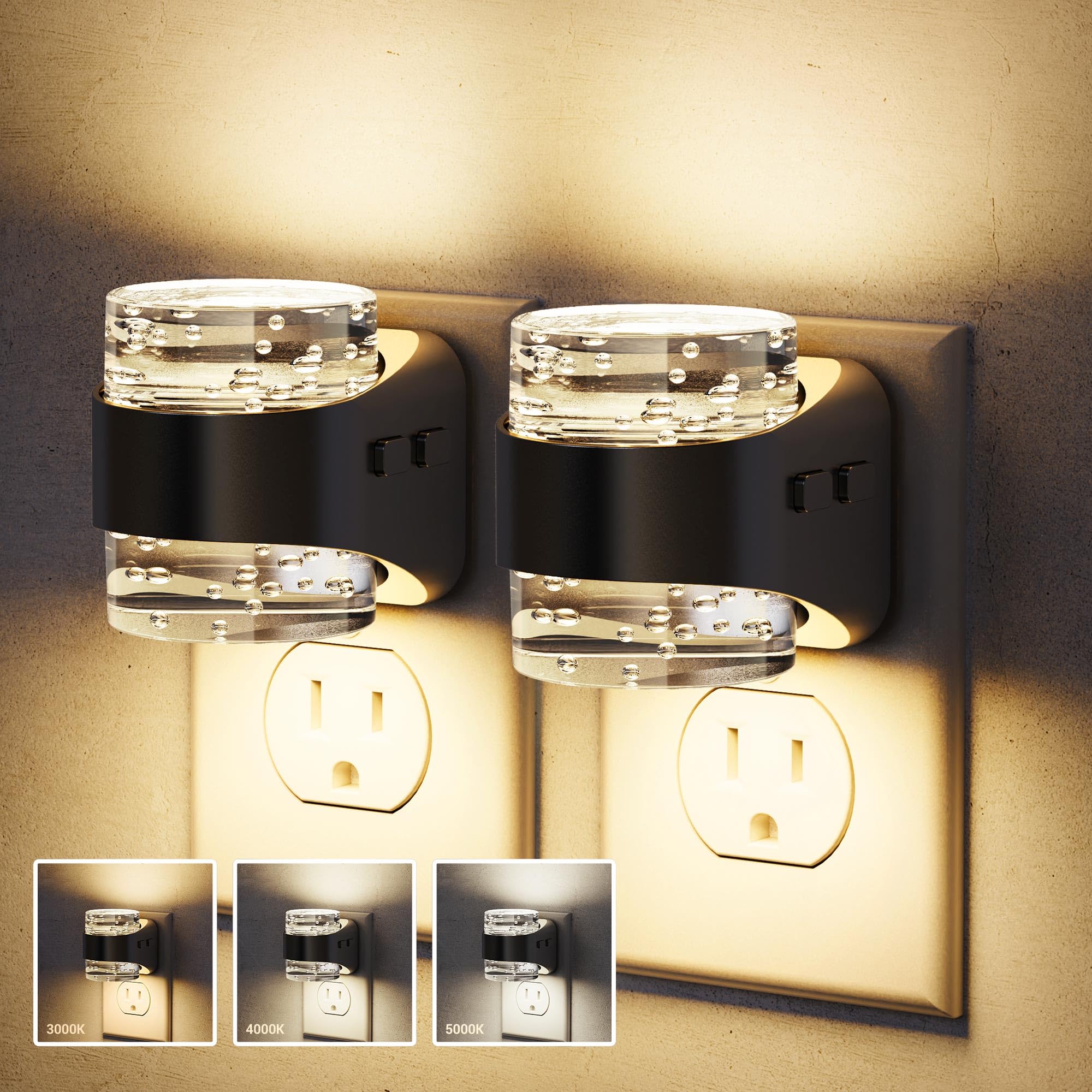 JandCase LED Night Light, Golden Bubble Night Lights Plug into Wall, [2 Pack]Night Light3000K/4000K/5000K & 3 Brightness Levels, Dimmable Nightlight with Dusk to Dawn Sensor for Bathroom Hallway