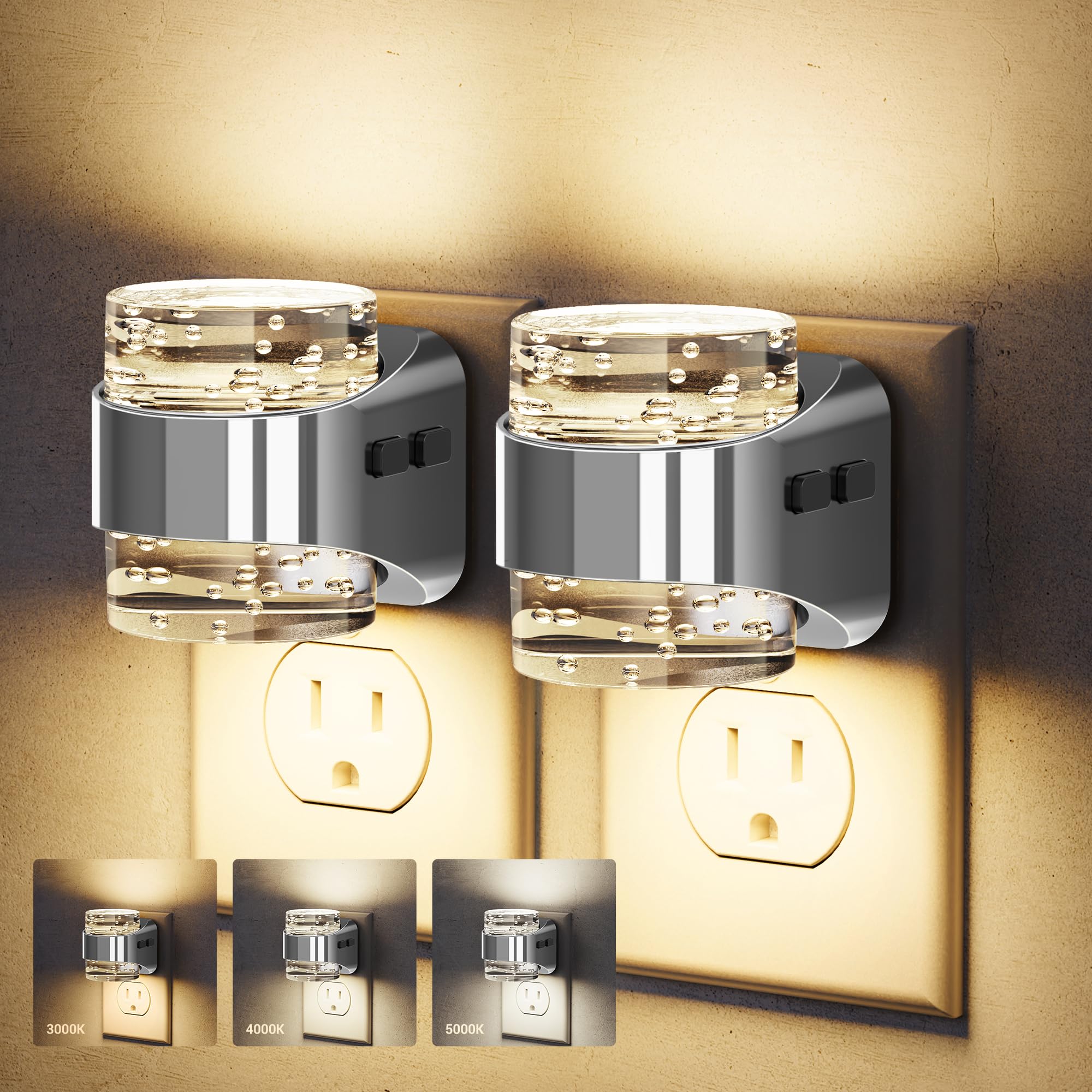 JandCase LED Night Light, Golden Bubble Night Lights Plug into Wall, [2 Pack]Night Light3000K/4000K/5000K & 3 Brightness Levels, Dimmable Nightlight with Dusk to Dawn Sensor for Bathroom Hallway