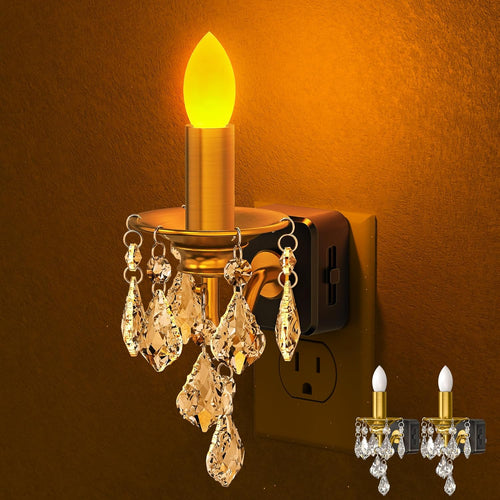 Candle Night Lights Plug into Wall, LED Amber Night Light with Dusk to Dawn Sensor, 0-100LM Dimmable, Decorative Gold Candle-Style Nightlight for Bedroom, Bathroom, Hallway, Stairway, 2 Pack