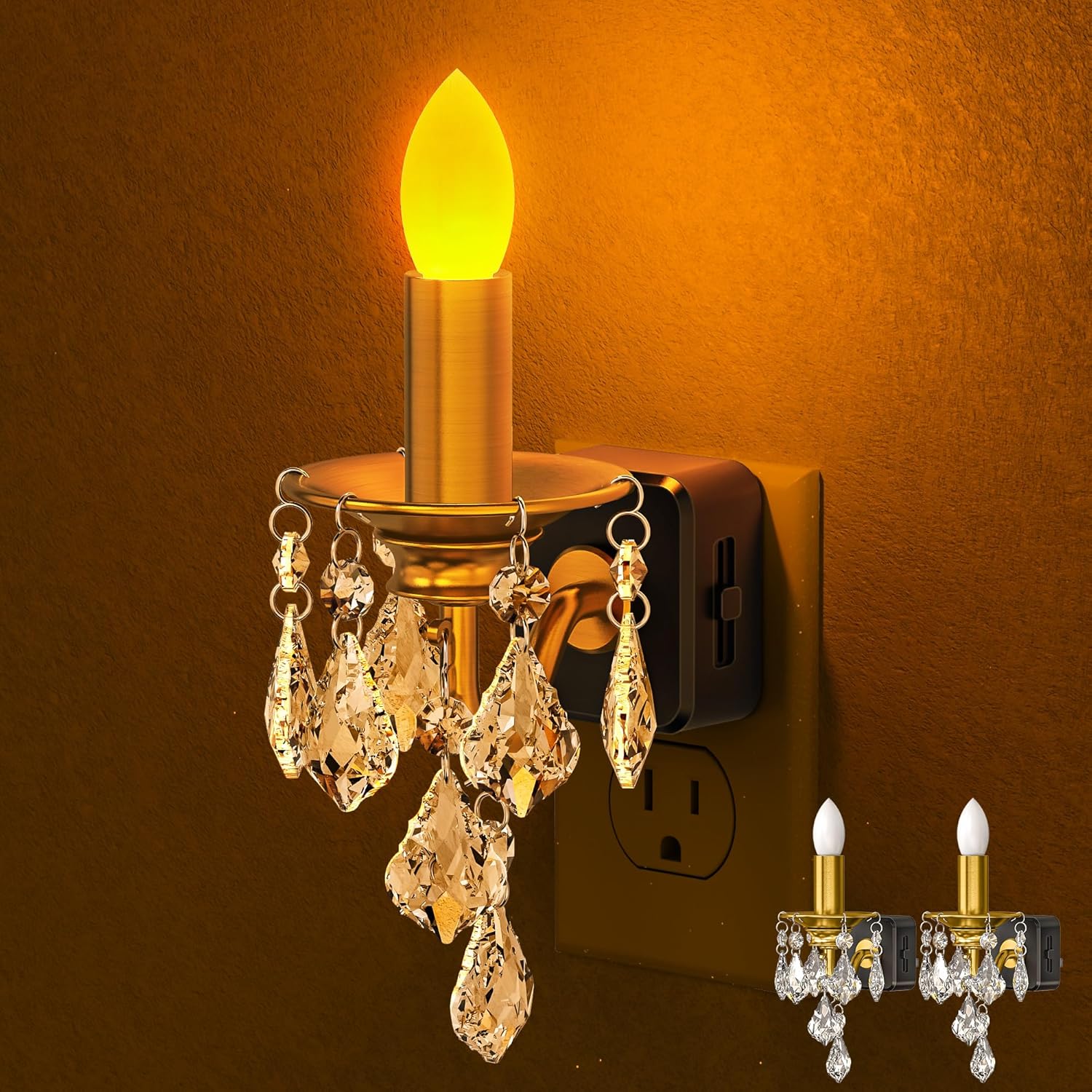 Candle Night Lights Plug into Wall, LED Amber Night Light with Dusk to Dawn Sensor, 0-100LM Dimmable, Decorative Gold Candle-Style Nightlight for Bedroom, Bathroom, Hallway, Stairway, 2 Pack