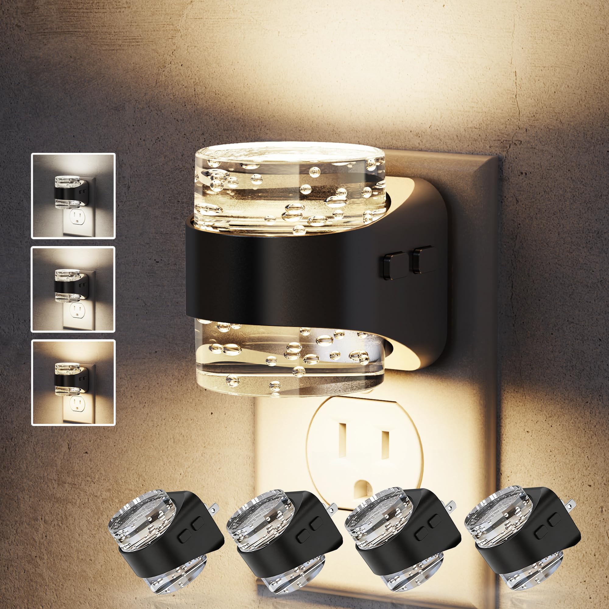 JandCase LED Night Light, Golden Bubble Night Lights Plug into Wall, [2 Pack]Night Light3000K/4000K/5000K & 3 Brightness Levels, Dimmable Nightlight with Dusk to Dawn Sensor for Bathroom Hallway