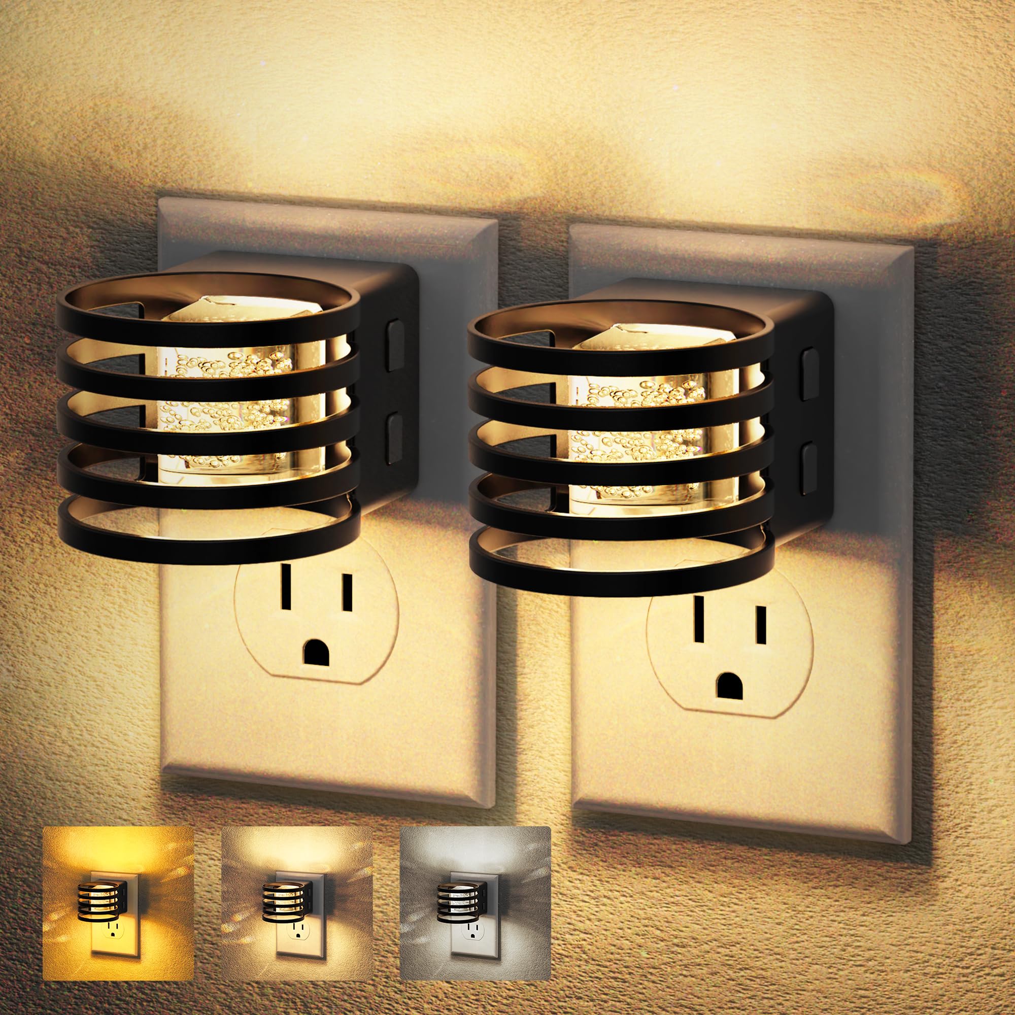 JandCase LED Night Light, Golden Bubble Night Lights Plug into Wall, [2 Pack]Night Light3000K/4000K/5000K & 3 Brightness Levels, Dimmable Nightlight with Dusk to Dawn Sensor for Bathroom Hallway