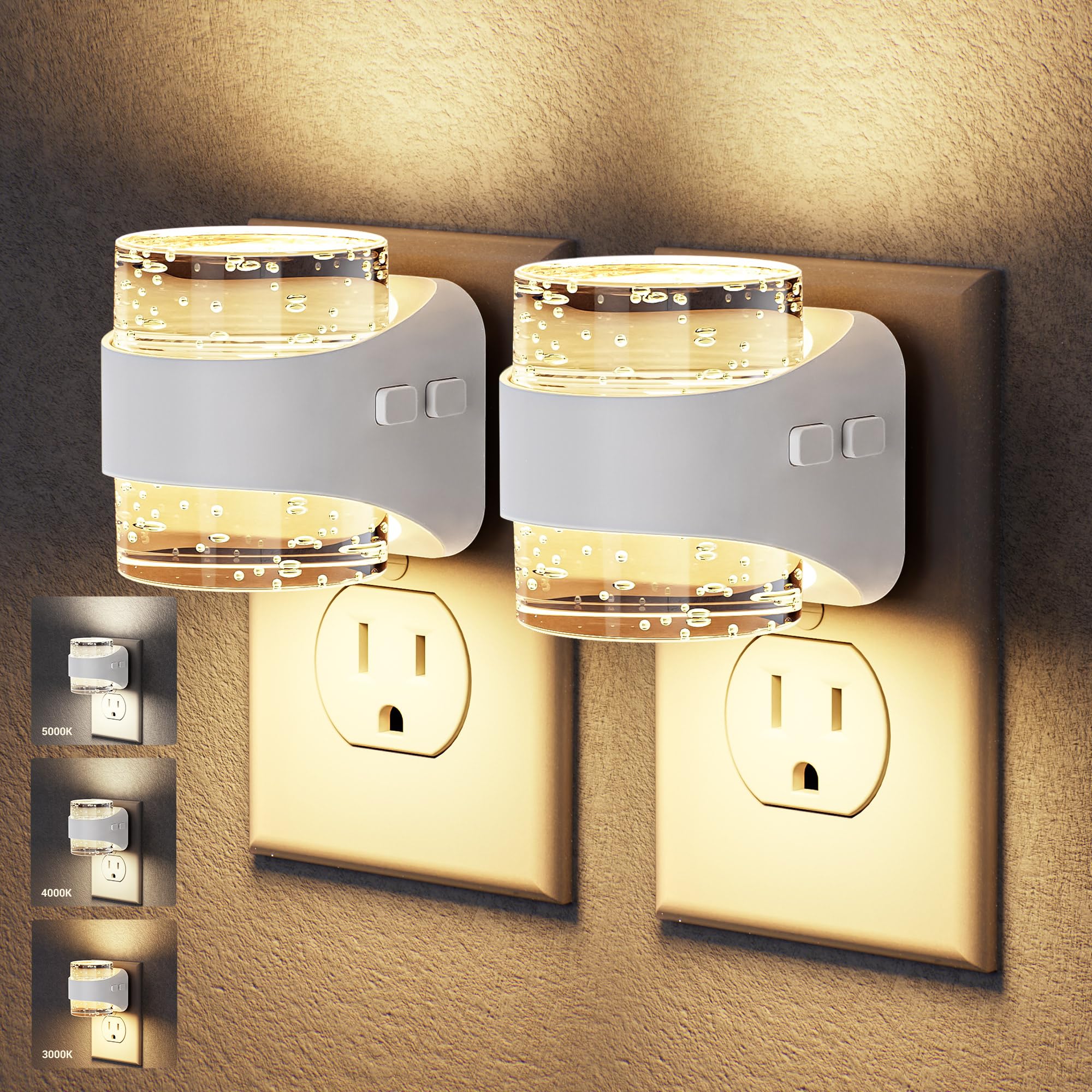 JandCase LED Night Light, Golden Bubble Night Lights Plug into Wall, [2 Pack]Night Light3000K/4000K/5000K & 3 Brightness Levels, Dimmable Nightlight with Dusk to Dawn Sensor for Bathroom Hallway