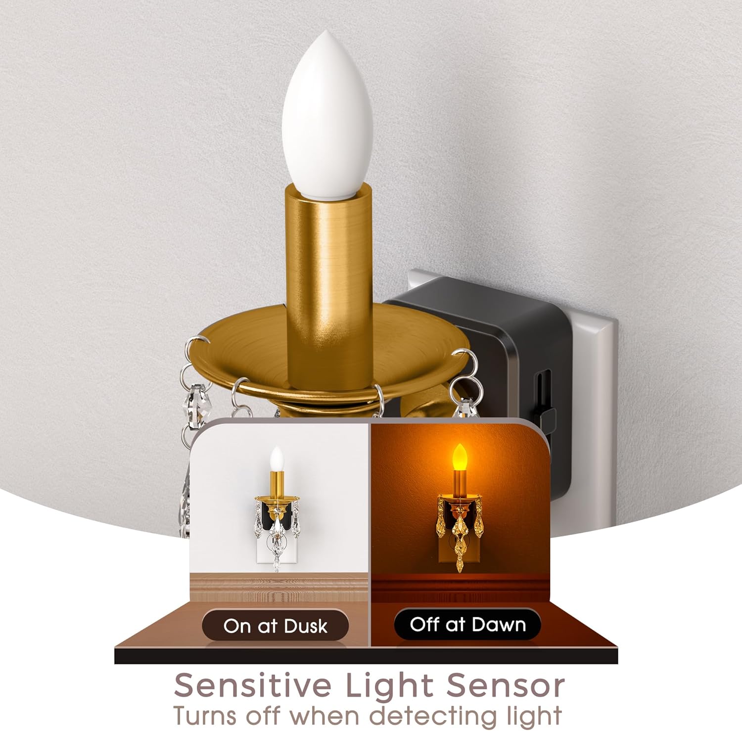 Candle Night Lights Plug into Wall, LED Amber Night Light with Dusk to Dawn Sensor, 0-100LM Dimmable, Decorative Gold Candle-Style Nightlight for Bedroom, Bathroom, Hallway, Stairway, 2 Pack