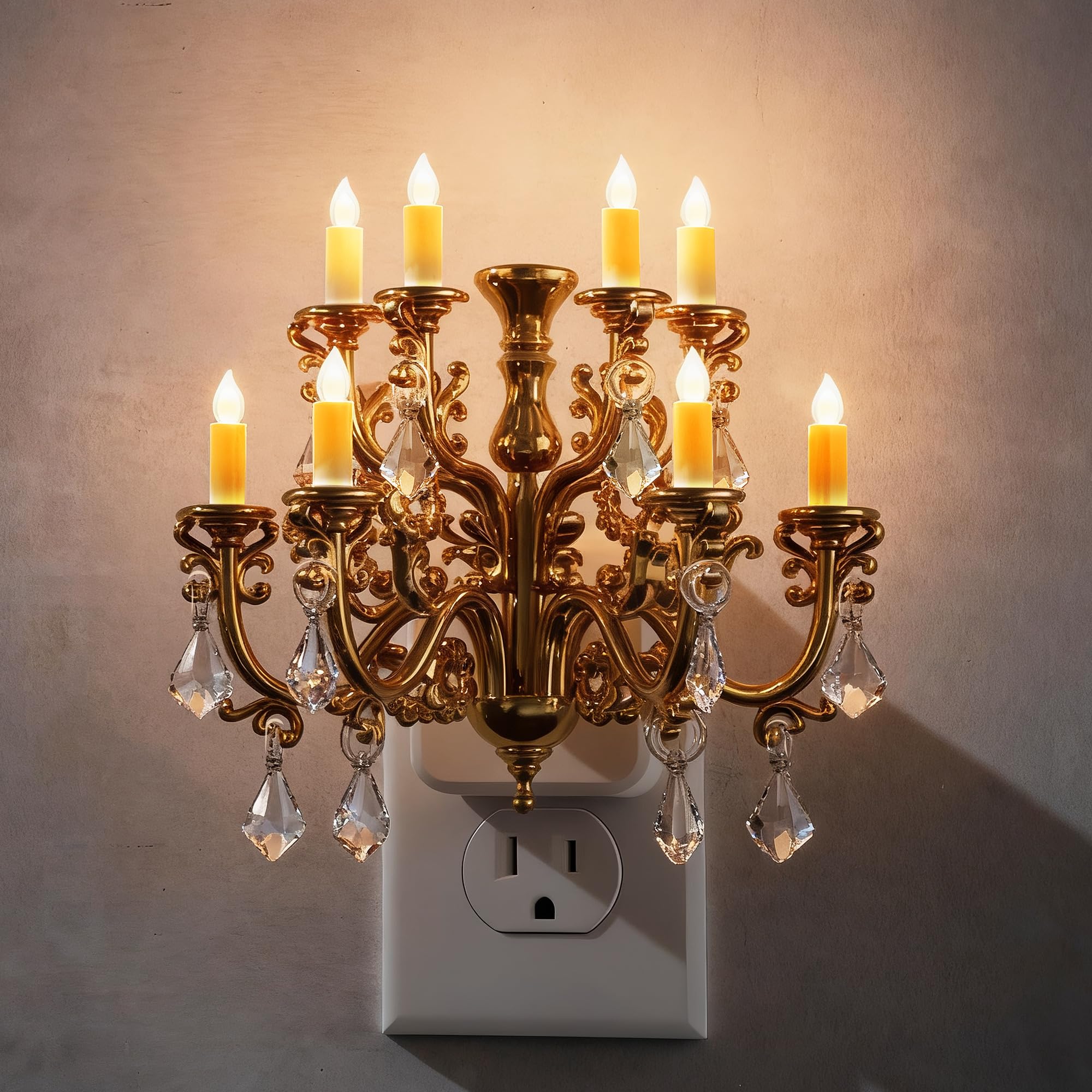 Candle Night Lights Plug into Wall, LED Amber Night Light with Dusk to Dawn Sensor, 0-100LM Dimmable, Decorative Gold Candle-Style Nightlight for Bedroom, Bathroom, Hallway, Stairway, 2 Pack