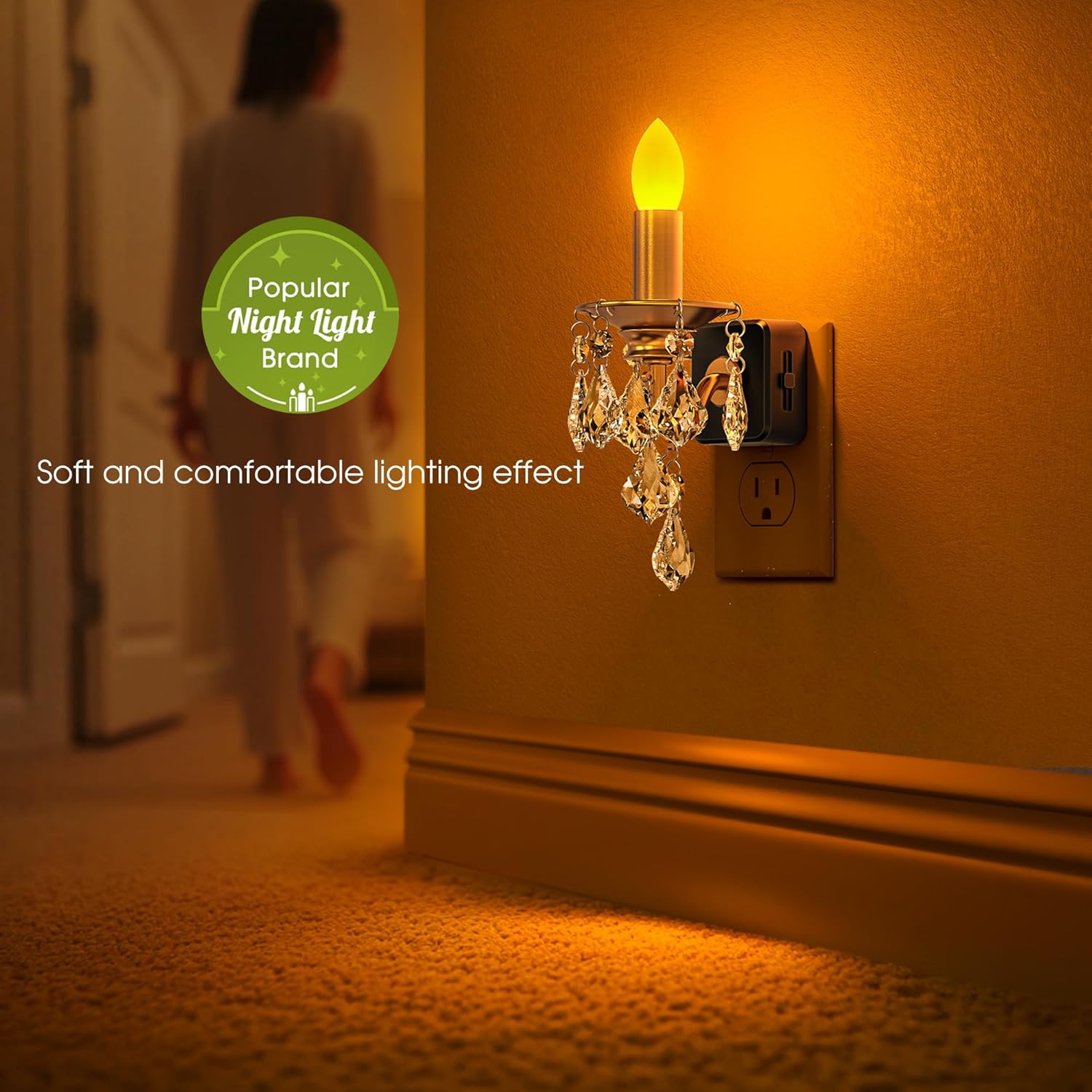 Candle Night Lights Plug into Wall, LED Amber Night Light with Dusk to Dawn Sensor, 0-100LM Dimmable, Decorative Gold Candle-Style Nightlight for Bedroom, Bathroom, Hallway, Stairway, 2 Pack