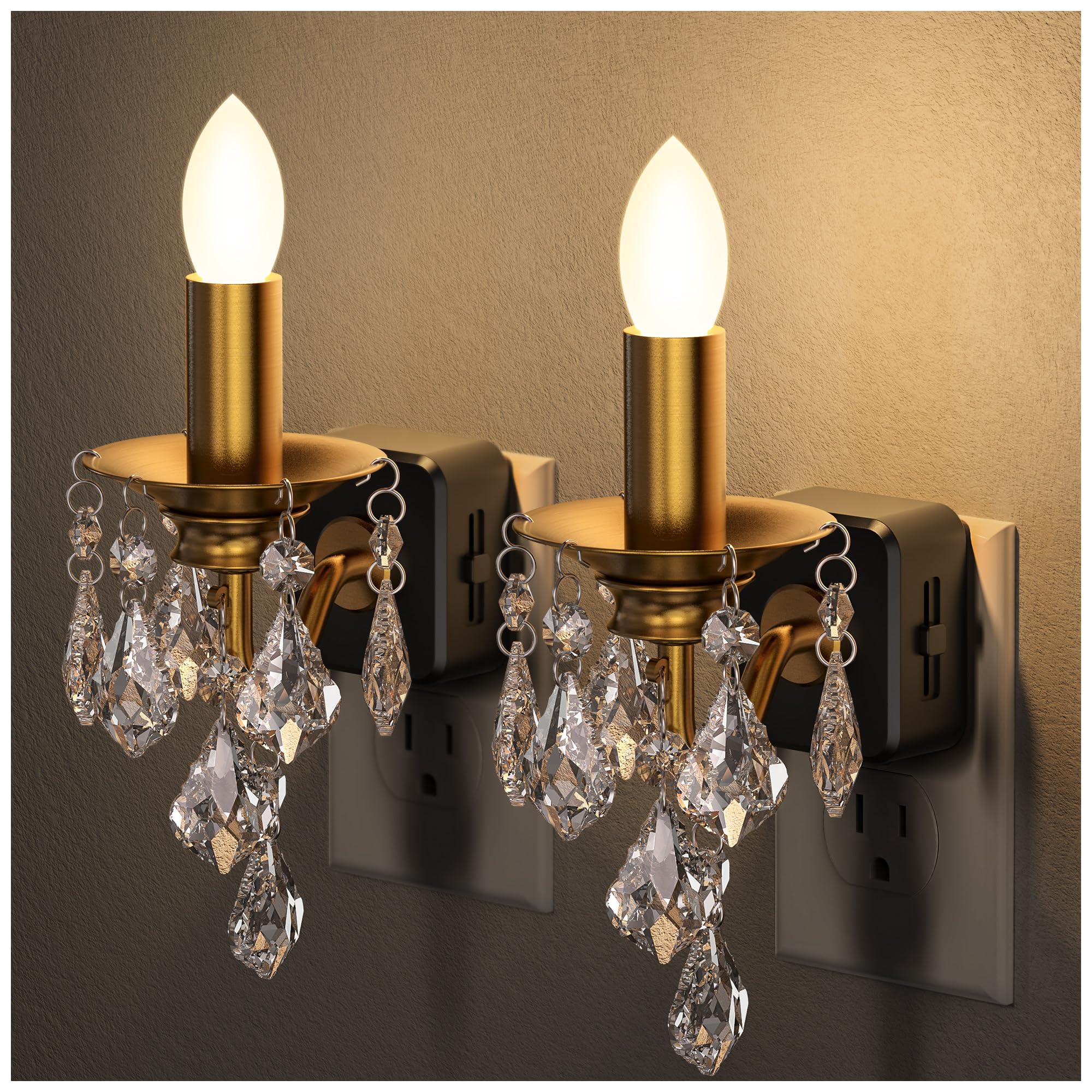 Candle Night Lights Plug into Wall, LED Amber Night Light with Dusk to Dawn Sensor, 0-100LM Dimmable, Decorative Gold Candle-Style Nightlight for Bedroom, Bathroom, Hallway, Stairway, 2 Pack